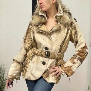 Y2k vintage Fontani cow print  Fur Collar Coat Jacket penny lane Size 44 Tan